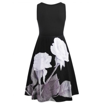 Floral Print leeveless coop Neck Dress - Black