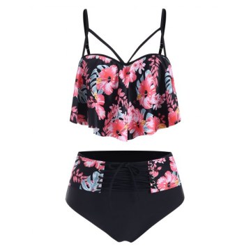 Floral Print Underwire Overlay Tankini Swimwear - Black