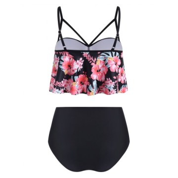 Floral Print Underwire Overlay Tankini Swimwear - Black