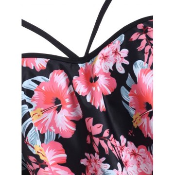 Floral Print Underwire Overlay Tankini Swimwear - Black