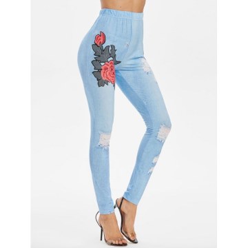 Floral Ripped Print Skinny Pants - Denim Blue