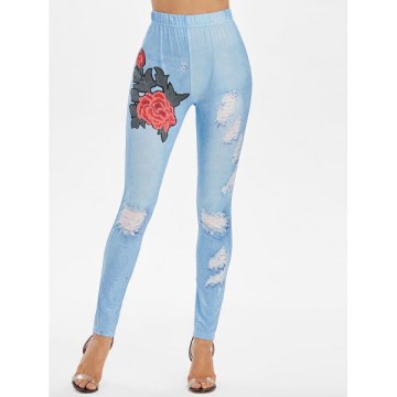 Floral Ripped Print Skinny Pants - Denim Blue