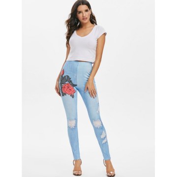 Floral Ripped Print Skinny Pants - Denim Blue