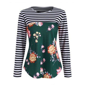 Floral triped Lace Panel Button Embellished T-shirt -