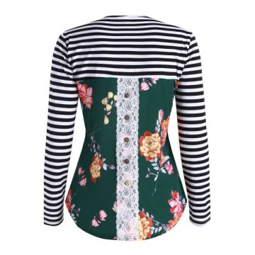Floral triped Lace Panel Button Embellished T-shirt -