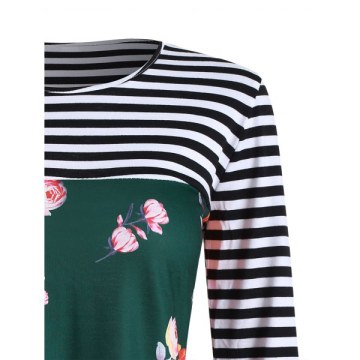 Floral triped Lace Panel Button Embellished T-shirt -