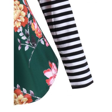 Floral triped Lace Panel Button Embellished T-shirt -