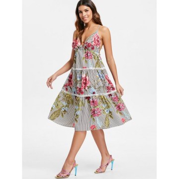 Floral triped Tiered lip Dress -