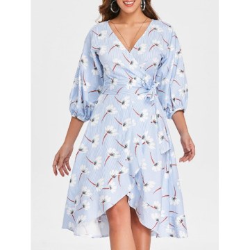 Floral Striped Wrap Dress - Baby Blue