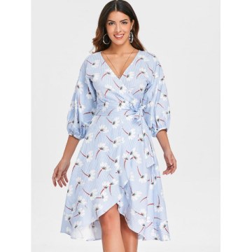 Floral Striped Wrap Dress - Baby Blue