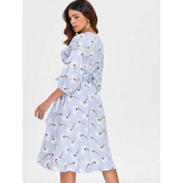 Floral Striped Wrap Dress - Baby Blue