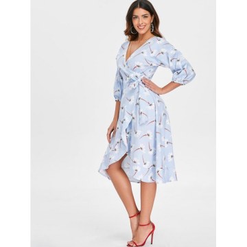 Floral Striped Wrap Dress - Baby Blue