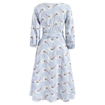 Floral Striped Wrap Dress - Baby Blue