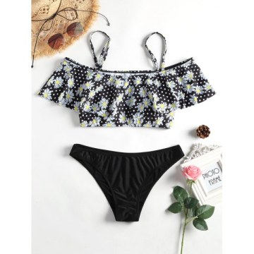 Flounce Floral Bralette Bikini - Black