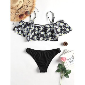 Flounce Floral Bralette Bikini - Black
