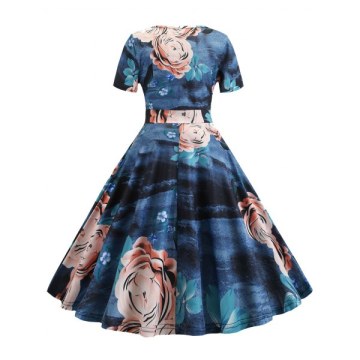 Flower Plunging Short Sleeve Prom Dress - Blue