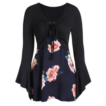 Flower Print ace Up Bell Sleeve A ine Tee - Black