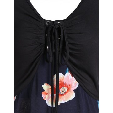 Flower Print ace Up Bell Sleeve A ine Tee - Black