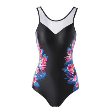 Flower Print One-piece Swimwear - Black