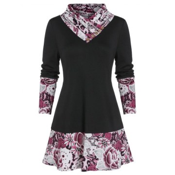 Flower Snakeskin Print Long Sleeve Tunic Tee - Black