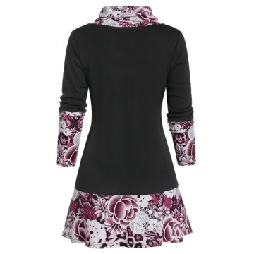 Flower Snakeskin Print Long Sleeve Tunic Tee - Black