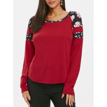 Flower Trim Raglan leeve Curved T hirt - Red Wine