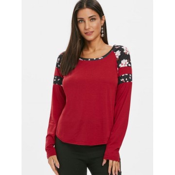 Flower Trim Raglan leeve Curved T hirt - Red Wine