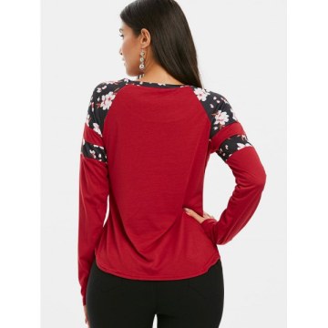 Flower Trim Raglan leeve Curved T hirt - Red Wine