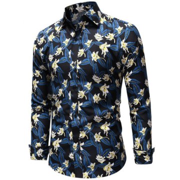 Flowers Pattern Long Sleeves Casual Shirt - Ocean Blue