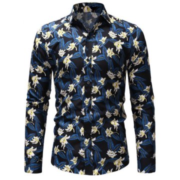 Flowers Pattern Long Sleeves Casual Shirt - Ocean Blue