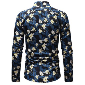 Flowers Pattern Long Sleeves Casual Shirt - Ocean Blue