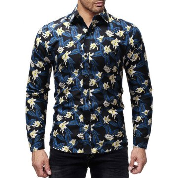 Flowers Pattern Long Sleeves Casual Shirt - Ocean Blue