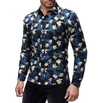 Flowers Pattern Long Sleeves Casual Shirt - Ocean Blue