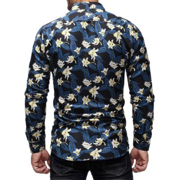 Flowers Pattern Long Sleeves Casual Shirt - Ocean Blue