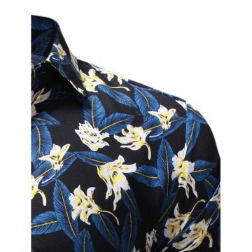 Flowers Pattern Long Sleeves Casual Shirt - Ocean Blue