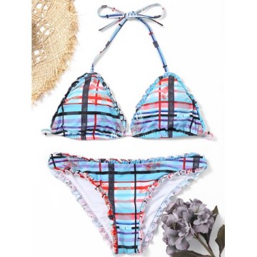 Frill Trim Plaid Bikini Set - Floral