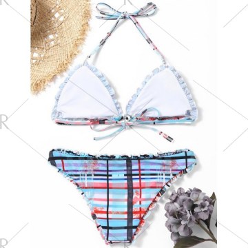 Frill Trim Plaid Bikini Set - Floral
