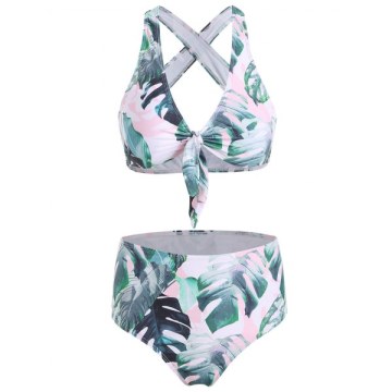 Front Knot Criss Cross Leaves Print Bikini Set -