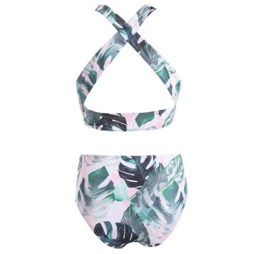 Front Knot Criss Cross Leaves Print Bikini Set -