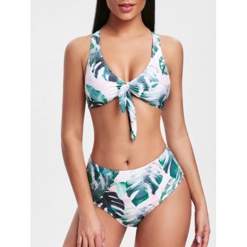 Front Knot Criss Cross Leaves Print Bikini Set -
