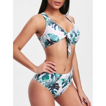 Front Knot Criss Cross Leaves Print Bikini Set -