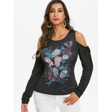 Front Tie Cold Shoulder Butterfly Print T-shirt - Black