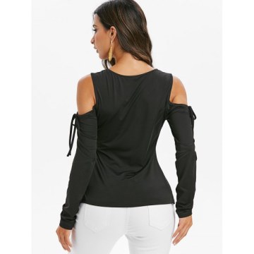 Front Tie Cold Shoulder Butterfly Print T-shirt - Black