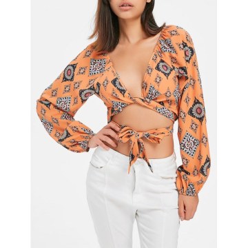 Front Tie Print Blouse - School Bus Yellow