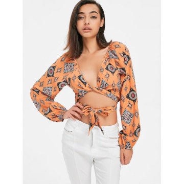 Front Tie Print Blouse - School Bus Yellow