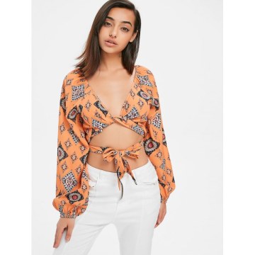 Front Tie Print Blouse - School Bus Yellow