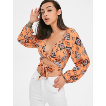 Front Tie Print Blouse - School Bus Yellow