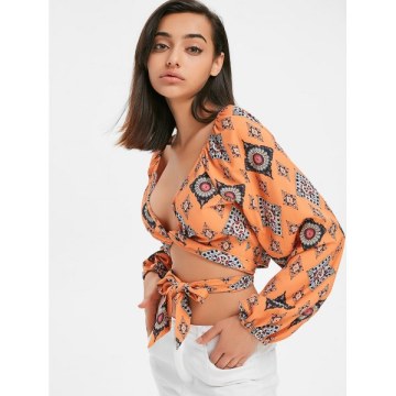 Front Tie Print Blouse - School Bus Yellow