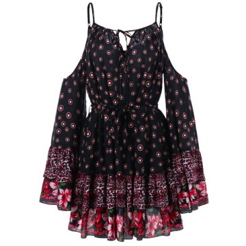 Full Sleeve Shoulder Cut Printed Dress - Black