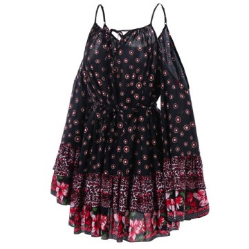 Full Sleeve Shoulder Cut Printed Dress - Black